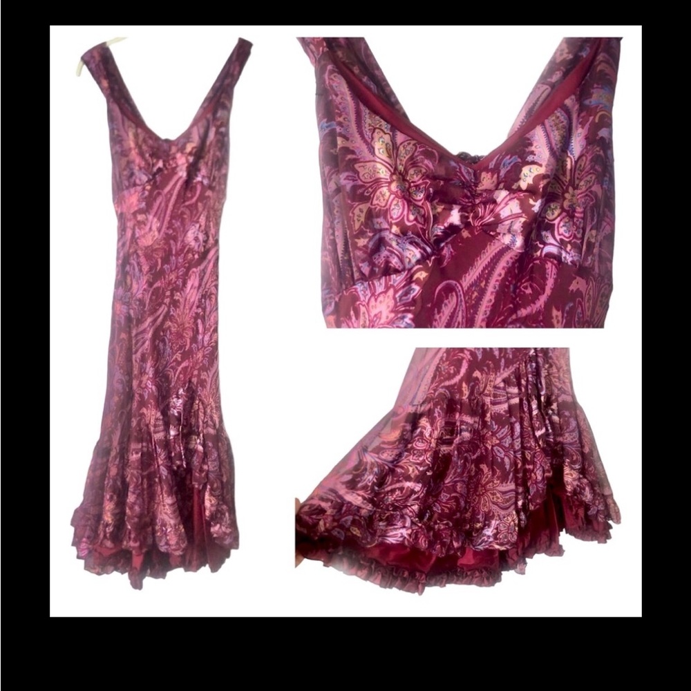 Rare Bellablu Silk Layered Ruffle Paisley Sleeveless Shimmery Maxi Dress